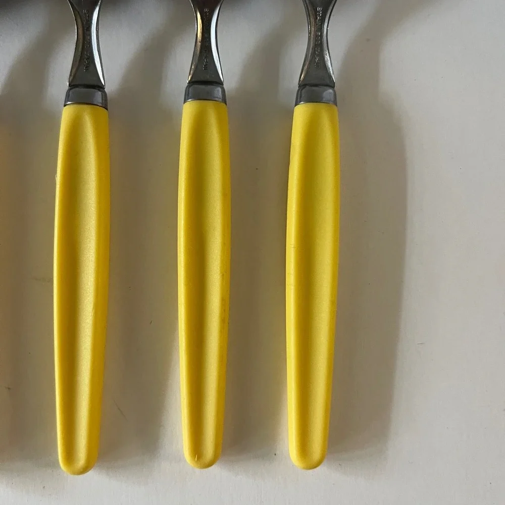 Vintage MCM Stainless Japan Yellow Resin Silver Ware 5 Teaspoons 2 Forks 7